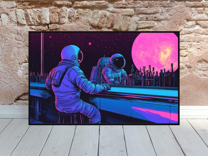 May include: Two astronauts in blue and purple space suits sit at a bar in space. The bar is lit with neon blue and pink lights. A large pink planet is visible in the background.