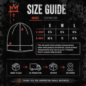 Size guide for black and orange unisex beanie showing small, medium and large product measurements in inches, with illustrated height and width measurement guide for choosing beanie size.