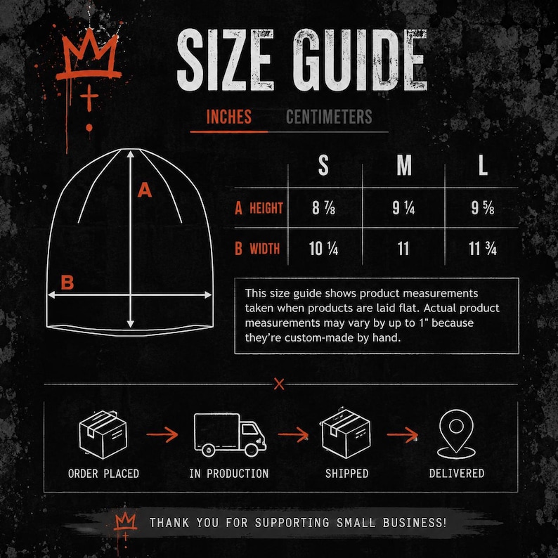 Size guide for black and orange unisex beanie showing small, medium and large product measurements in inches, with illustrated height and width measurement guide for choosing beanie size.