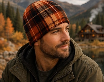 Copper Cabin Plaid Beanie | Burnt Orange Flannel Hat, Unisex Slouchy Fall Beanie