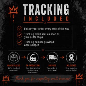 Order tracking information graphic for black and orange grunge beanie explaining tracking email and shipment updates from order placement and production through shipping and delivery.