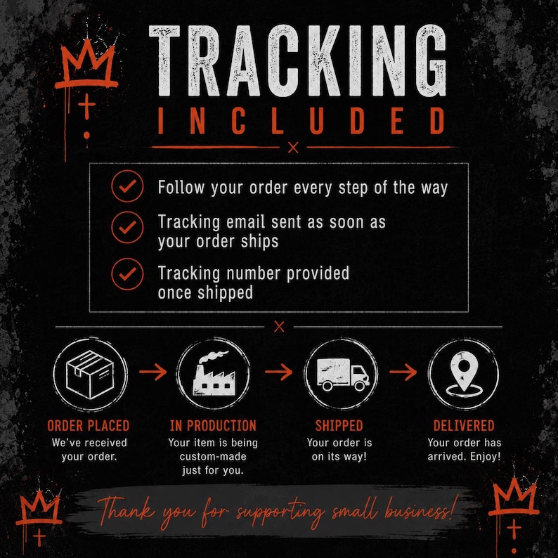 Order tracking information graphic for black and orange grunge beanie explaining tracking email and shipment updates from order placement and production through shipping and delivery.