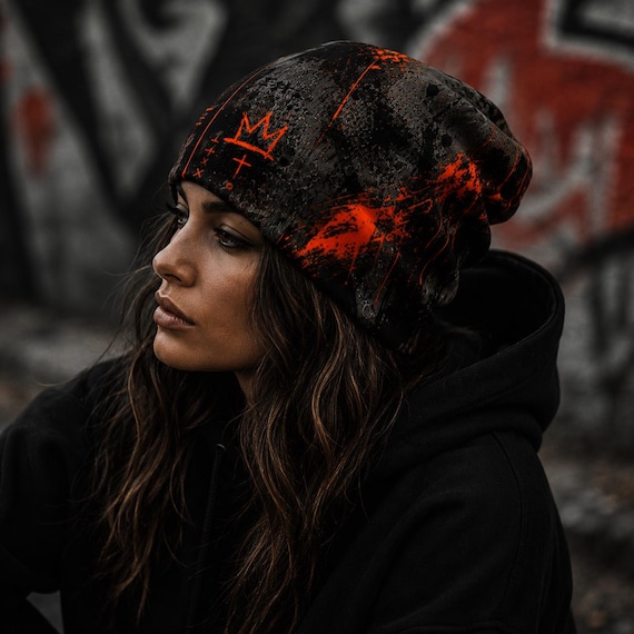 Streetwear Beanie, All-Over Print Slouchy Knit Hat, Urban Graphic Skull Cap