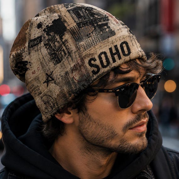 Urban SoHo All-Over Print Beanie | Slouchy Knit Streetwear Hat