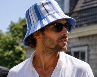 Sombrero de pescador reversible Montauk Stripe / Sombrero de sol Coastal Blue con aspecto de lino