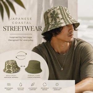 Op de afbeelding: Een omkeerbare vissershoed met een bloemenprint en een effen olijfgroene kant. De hoed maakt deel uit van een Japanse Coastal Streetwear-collectie. De afbeelding bevat ook tekst die luidt: "Geïnspireerd door erfgoed. Ontworpen voor elke dag."