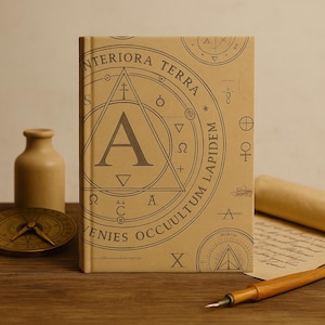 May include: A tan-colored journal with the letter "A" and alchemical symbols. The cover features the text "INTERIORA TERRA VENIES OCCUULTUM LAPIDEM". A compass, ink pen, and scroll are also visible.