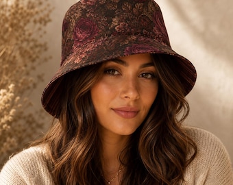 Reversible Floral Stripe Bucket Hat, Vintage Boho Travel Sun Hat