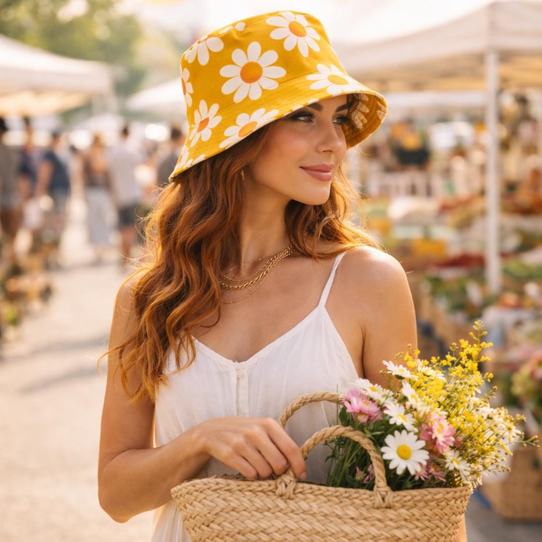 ❤️専用❤️写真10枚 デイジー♥️ Retro Daisy Reversible Bucket Hat, 70s Floral Sun Hat