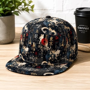 May include: A flat-brimmed baseball cap featuring a dark, multi-coloured graphic print with Japanese kanji characters, red circles, and abstract patterns. The design includes the text '03' and 'TOKYO' in a repeating, layered collage style.