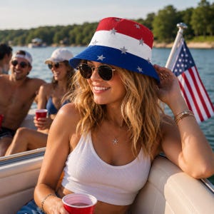 Puede incluir: Un sombrero de pescador rojo, blanco y azul con estrellas plateadas. La persona lleva el sombrero en un barco, con una bandera americana de fondo. La persona lleva gafas de sol y una camiseta sin mangas blanca.