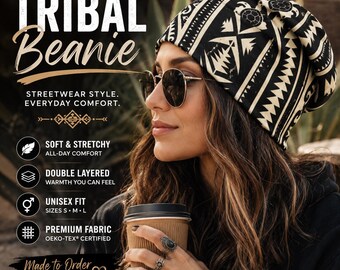 May include: A black and cream beanie featuring a geometric pattern with turtle motifs. The text on the image reads: TRIBAL Beanie, STREETWEAR STYLE. EVERYDAY COMFORT., SOFT & STRETCHY, DOUBLE LAYERED, UNISEX FIT, PREMIUM FABRIC, MADE TO ORDER.