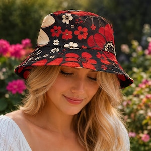 Reversible Retro Floral Polka Dot Bucket Hat, Boho Streetwear Summer Sun Hat