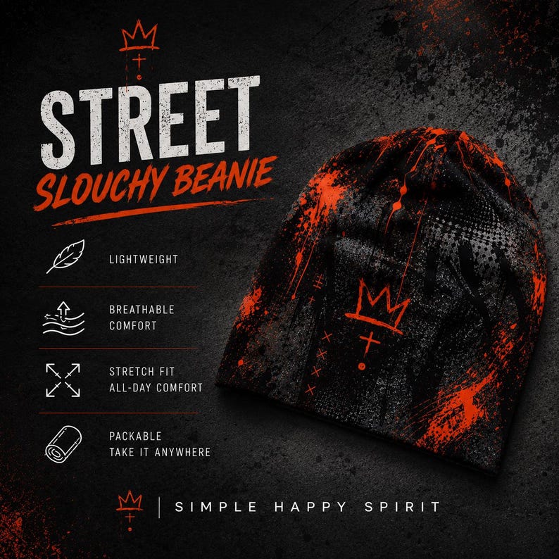 Black and orange grunge beanie featuring distressed graffiti, crown artwork and paint splatter, shown in Street Code product graphic highlighting lightweight breathable comfort, stretch fit and packable design.