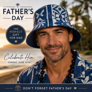 Puede incluir: Un hombre con un sombrero de pescador azul con un patrón geométrico blanco y una camisa azul con un diseño de hojas blancas. La imagen incluye el texto "DÍA DEL PADRE" y "Celebrarlo".