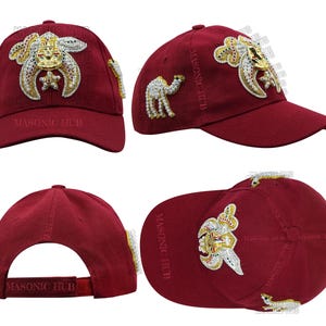 Kapelusz masoński Shriner Maroon – ręcznie wykonany z gwiazdą – emblemat Camel, kryształki i sztabki
