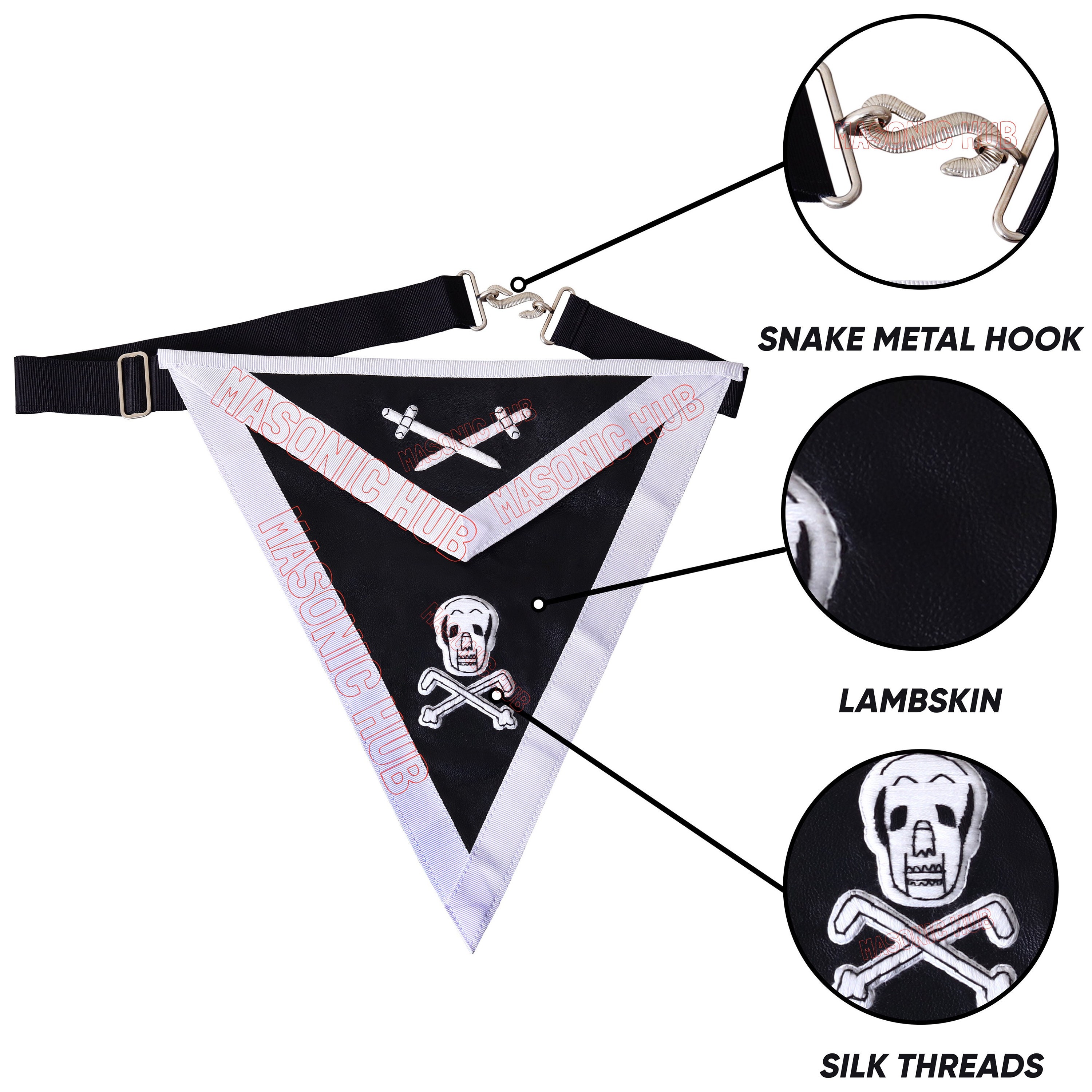 Knight Templar Reversible 100% Lambskin Apron – Hand Embroidered, White & Black – Masonic Regalia, USA