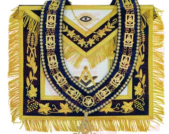 Masonic Past Master Apron Navy Blue - Genuine Lambskin + Chain Collar & Jewel