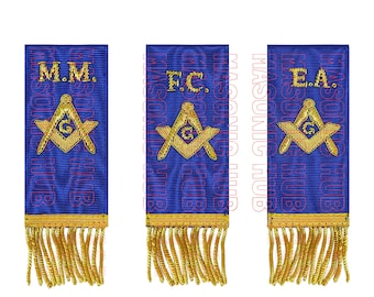 Masonic Bible Markers Hand Embroidered Royal Blue Ribbon & Gold Bullion Threads