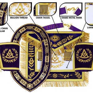 Masonic Grand Lodge Past Master 100% Lambskin Apron With Chain Collar + Cuff&#39;s Set - Fully Hand Made