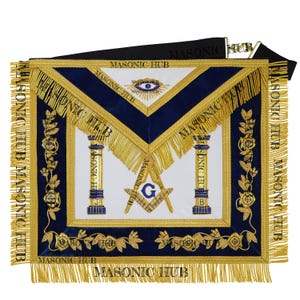 Handmade Master Mason Masonic Apron – 100% Lambskin with Gold Bullion Hand Embroidery & Blue Velvet Trim