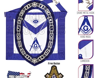 Masonic Blue Lodge Master Mason 100% Lambskin Apron & Working Tools Chain Collar + Free Compass and Square Bullion Badge