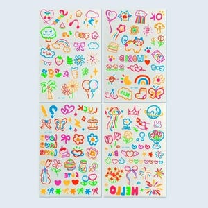 Aesthetic Doodle Temporary Tattoos Set of 4 + 1 FREE Mystery Glow-in-the-Dark Tattoos, Y2K Kidcore Style Face & Body Art
