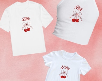 Big Little Shirt: Cherry Sorority Reveal Tee with Cursive Red Text