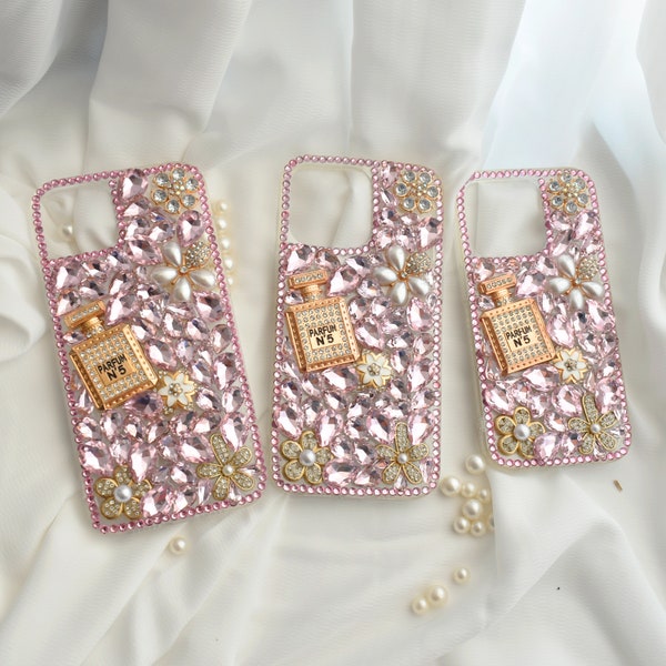 Pink Crystal Encrusted Full Wrap Silicone  iPhone case with Perfume bottle - iPhone 14/13