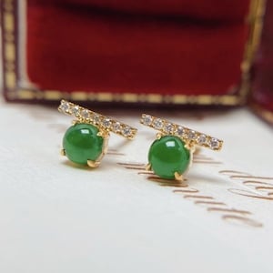 Genuine jade stud earrings/18k yellow gold raw jade earrings/unique green jade studs/dainty earrings/gift for wife/gift for mom