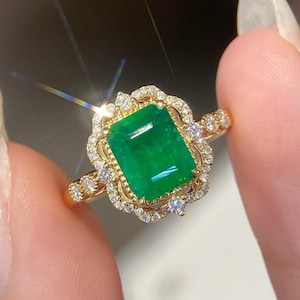 Genuine emerald ring/18k solid yellow gold emerald engagement ring/raw emerald ring gold/Handmade emerald ring/anniversary gift for wife