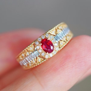 Unique Genuine ruby ring/18k solid gold oval cut ruby ring with diamond/vintage ring ruby/Natural ruby ring/stylish ring ruby/gift for wife