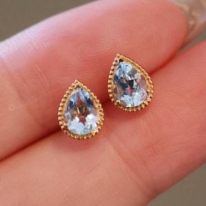 Unique Aquamarine stud earrings/18k solid gold pear Aquamarine studs/gold aquamarine earrings/minimalist retro earrings gold/gift for her