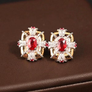 Genuine ruby stud earrings/18k solid gold over cut ruby studs/handmade ruby earrings/natural ruby earrings/anniversary gift/retro court stud