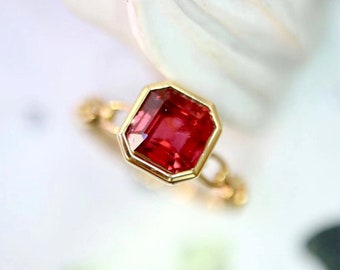 Natural red-pink rubellite tourmaline Ring/18k yellow gold emerald cut tourmaline ring/art deco engagement ring/ raw pink tourmaline ring