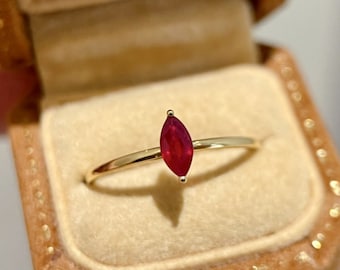Pigeon Blood Ruby Ring, 18k Yellow Gold Marquise Cut