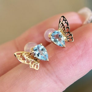 Genuine Aquamarine stud earrings/18k solid gold pear cut Aquamarine studs/real aquamarine earrings/butterfly shape stud earrings/unique stud