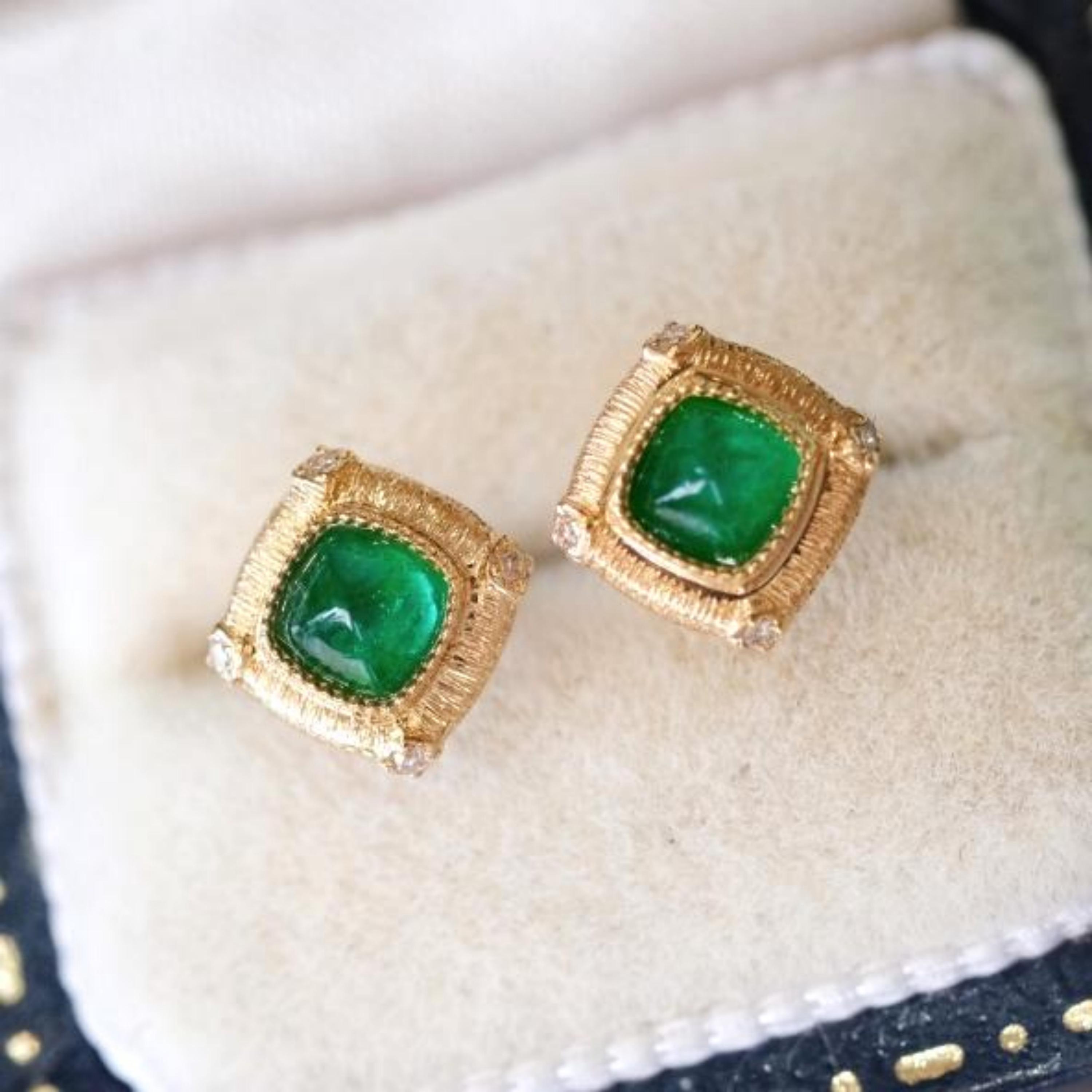 Genuine emerald stud Earrings/18k yellow gold suger-loaf emerald earrings with diamonds/retro court emerald studs/emerald green earrings
