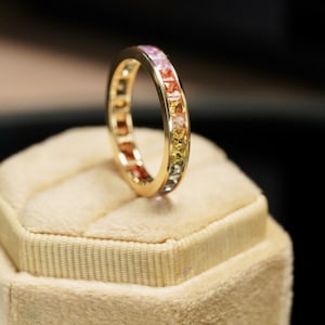 14k Gold Rainbow Sapphire Wedding Band: Dainty Stacking Ring