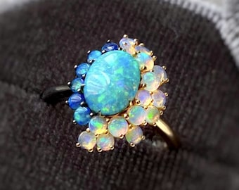 Natural Australian Opal Ring: Handmade Art Deco Engagement Ring