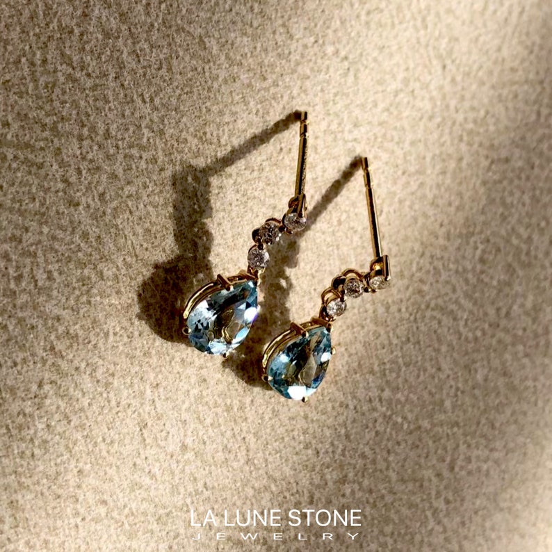 Unique Real Aquamarine drop earrings/14k18k rose gold pear Aquamarine earrings/aquamarine diamond earrings/exquisite fashion grace earrings image 9