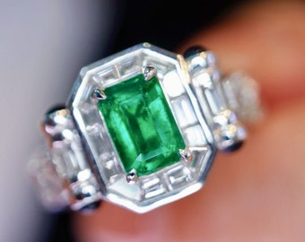 Unique Genuine Panjsher emerald Ring/18k solid white gold raw emerald ring/art deco emerald  ring/retro&dainty emerald ring/real emeraldring