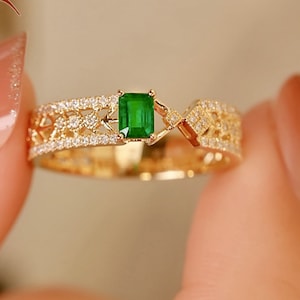 Einzigartiger echter Smaragd Ring/18k massiv gold Smaragd Ring/zierlicher Smaragd Ring gold/Art Deco Smaragd Ring/natürlicher Smaragd Ring