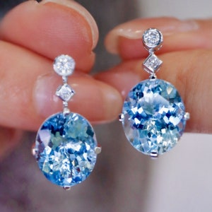 Unique Real Aquamarine drop earrings/18k white gold oval Aquamarine earrings/aquamarine diamond earrings/exquisite fashion grace earrings