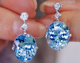 Unique Real Aquamarine drop earrings/18k white gold oval Aquamarine earrings/aquamarine diamond earrings/exquisite fashion grace earrings