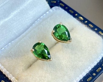 Unique Tsavorite garnet stud earrings/18k solid yellow gold pear cut garnet stud earrings/raw green garnet earrings/green stone earrings