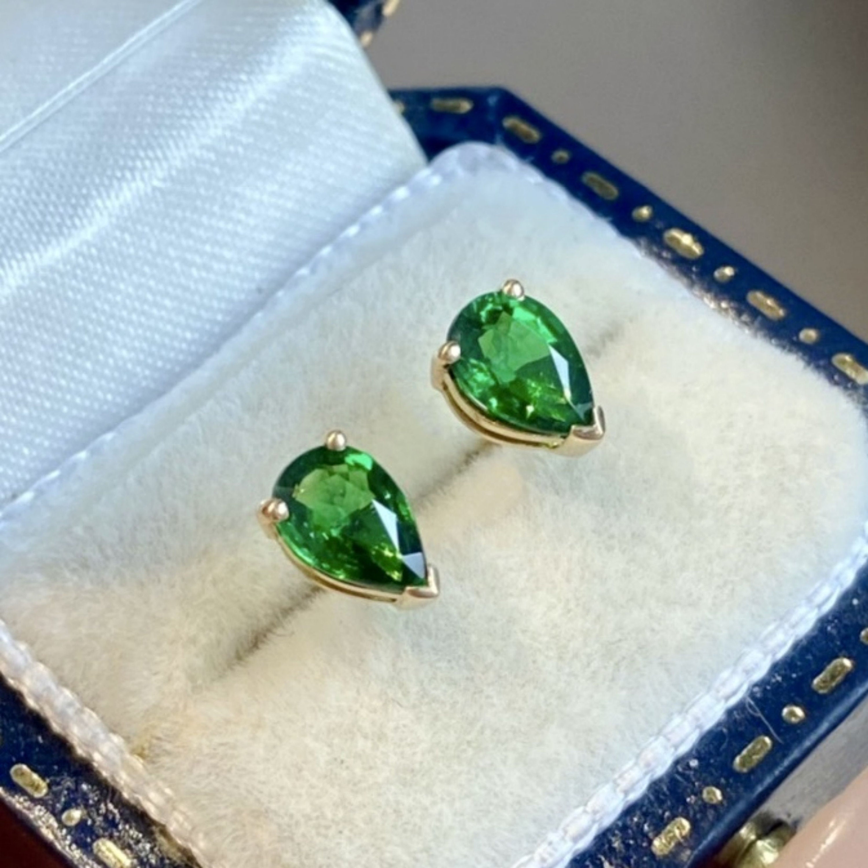 Unique Tsavorite garnet stud earrings/18k solid yellow gold pear cut garnet stud earrings/raw green garnet earrings/green stone earrings