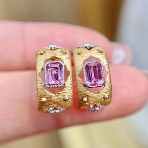 Real Pink Sapphire hoop earrings/18k solid gold sapphire hoops/Vintage pink sapphire earrings/unique pink sapphire earrings hoop gold
