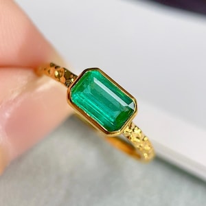 Unique genuine emerald ring/18k solid yellow gold Emerald cut emerald bezel engagement ring/dainty emerald ring gold/minimalist emerald ring