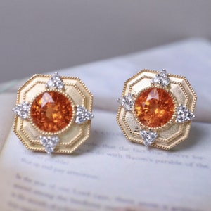 Natural Fanta garnet stud earrings/18k solid yellow gold round Fanta garnet stud earrings/orange garnet earrings gold/orange stone earrings